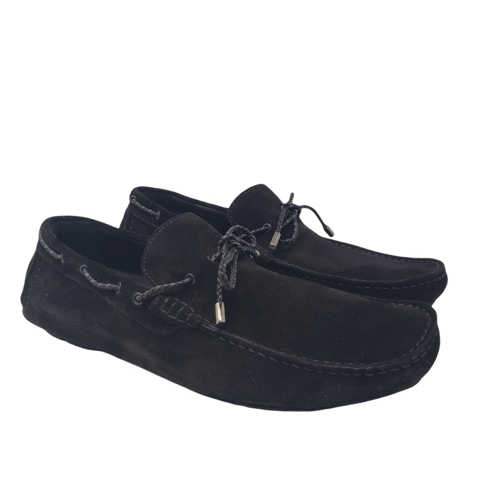 Bugatchi Black Suede Driving Shoes Size 8.5 Moccasins Tie Front Loafers‎